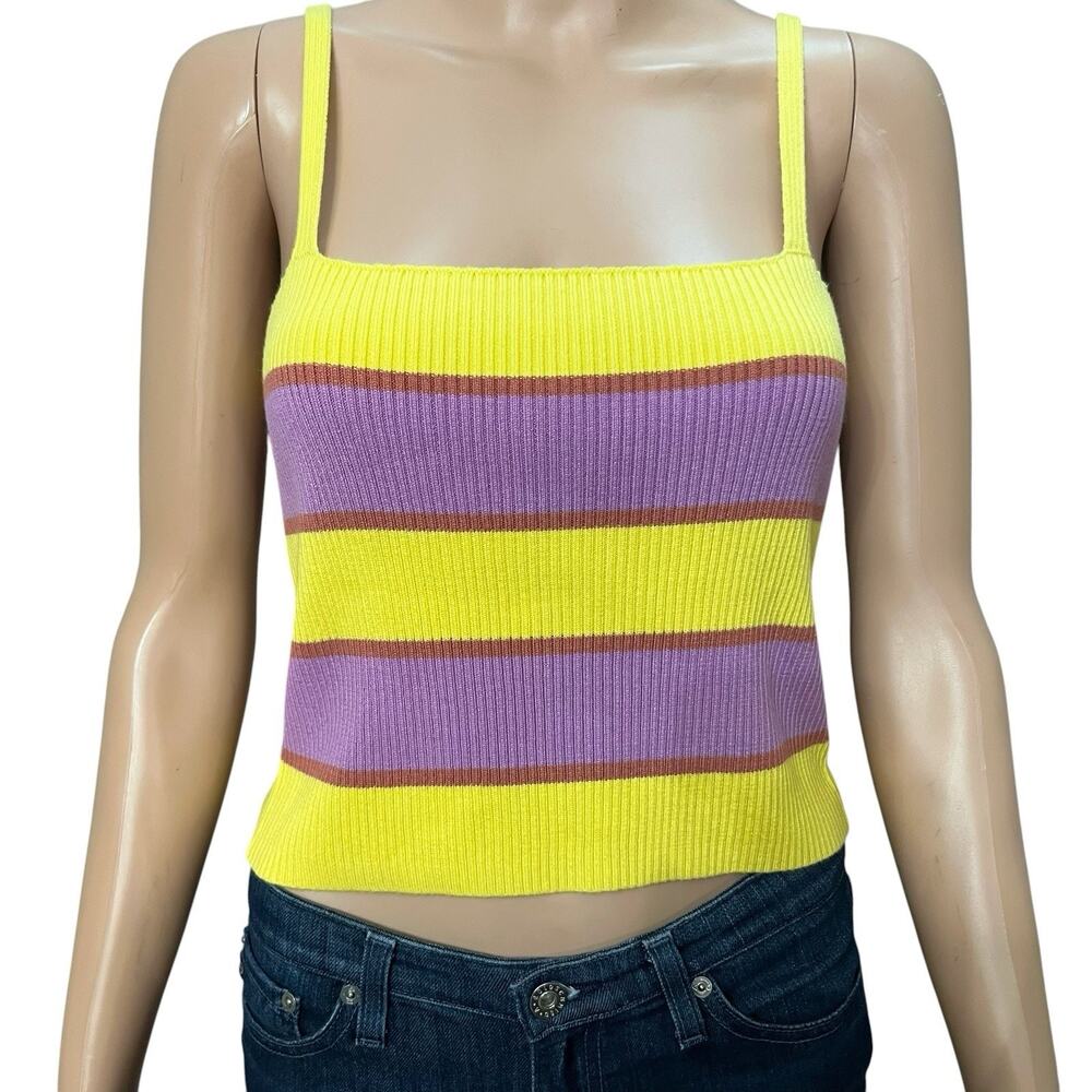Mother The Tube Tank Top Small Striped Ribbed Cropped Square Neck Yellow Multi